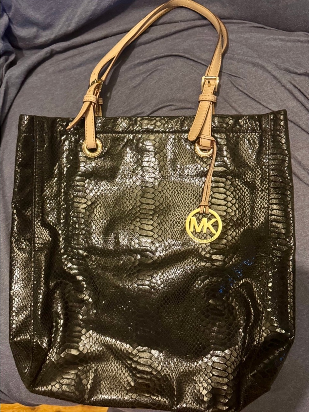 Michael Kors Black Faux-Snake Tote with Tan Handles and Gold MK Charm
